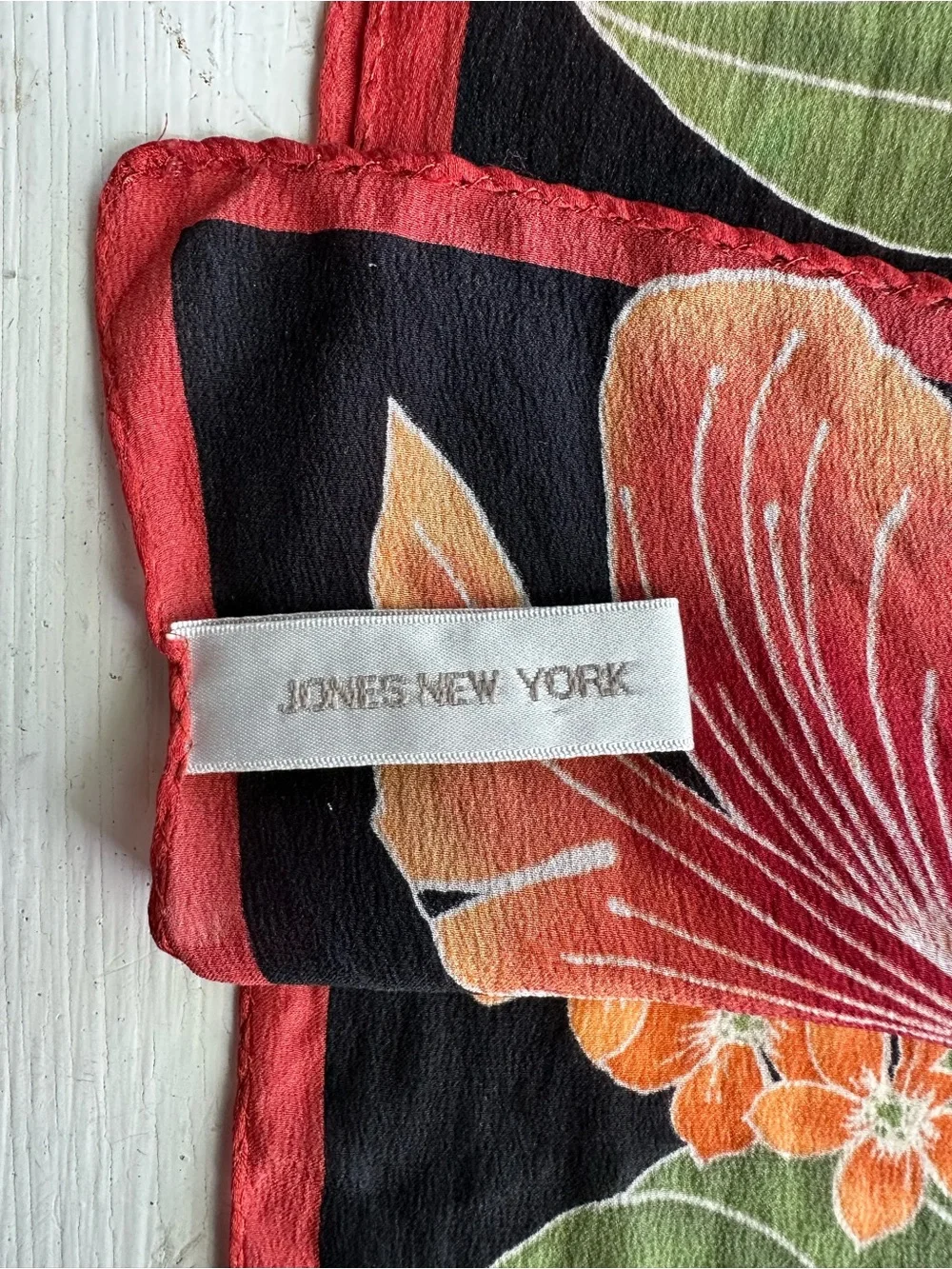 Jones New York Tropical Hibiscus Silk Oblong Scarf Black Red Floral Wrap Resort